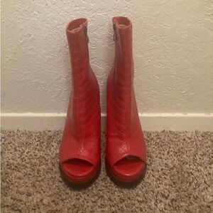 Red aligátor print high heel boots